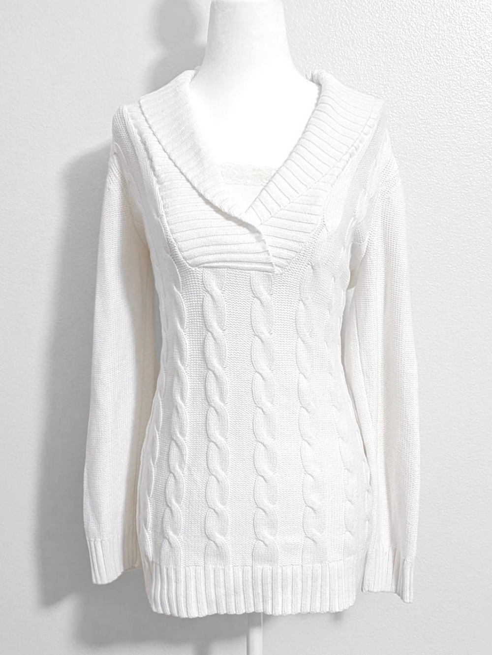 2000s Style & Co White Cable Knit V-Neck Foldover Sweater | Size M